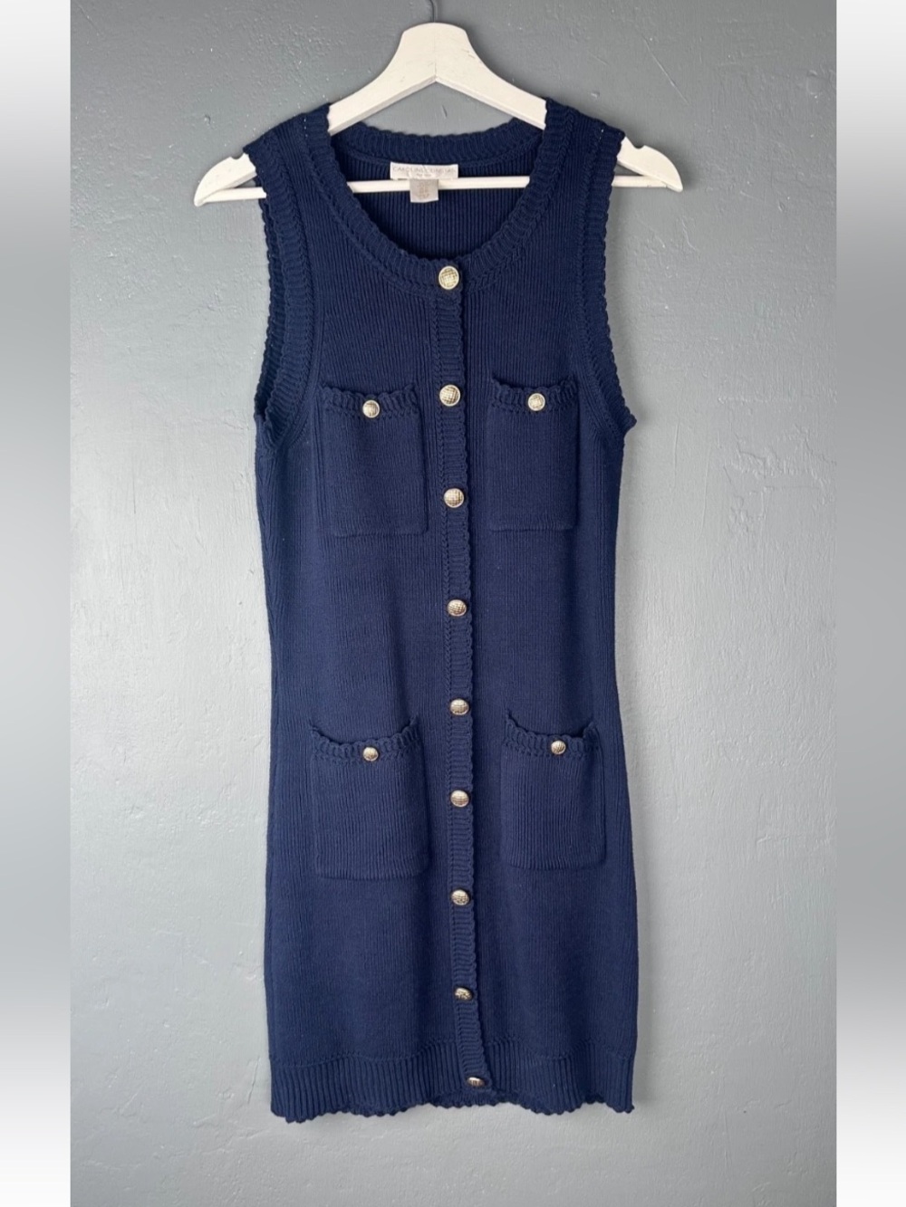 Caroline Constas Sz XS Navy Blue Knit Pullover Dress With Gold Button Detail